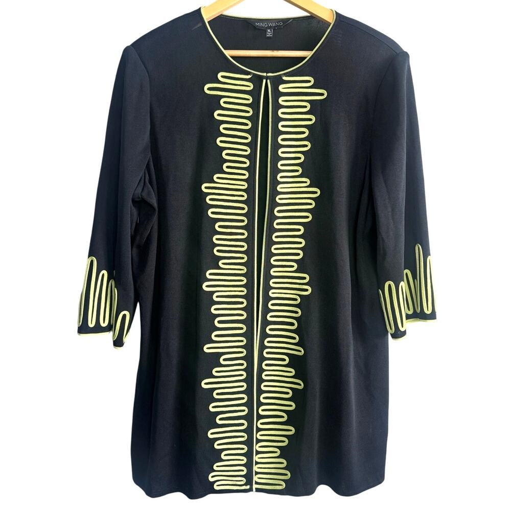 Ming Wang XL Black Lime Green Open Front Jacket Top w/ Hook Closure